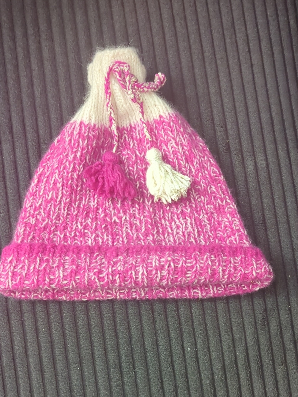 Handmade Cashmere Kids Pink & Cream Knit Tassel Beanie